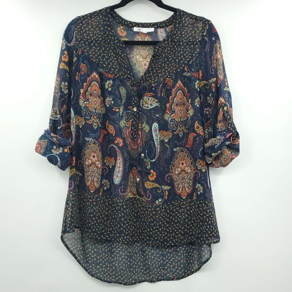 DR2 Tops - DR2 Vivid Tassel V Neck Paisley Long Sleeve Blouse